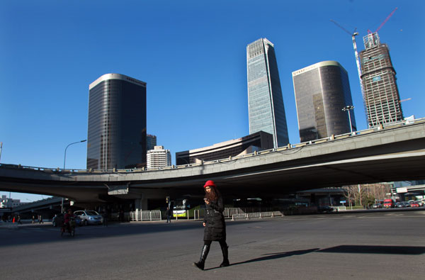 Blue sky makes a backdrop in Beijing's central business district after wind blew away the smog on Dec 10.